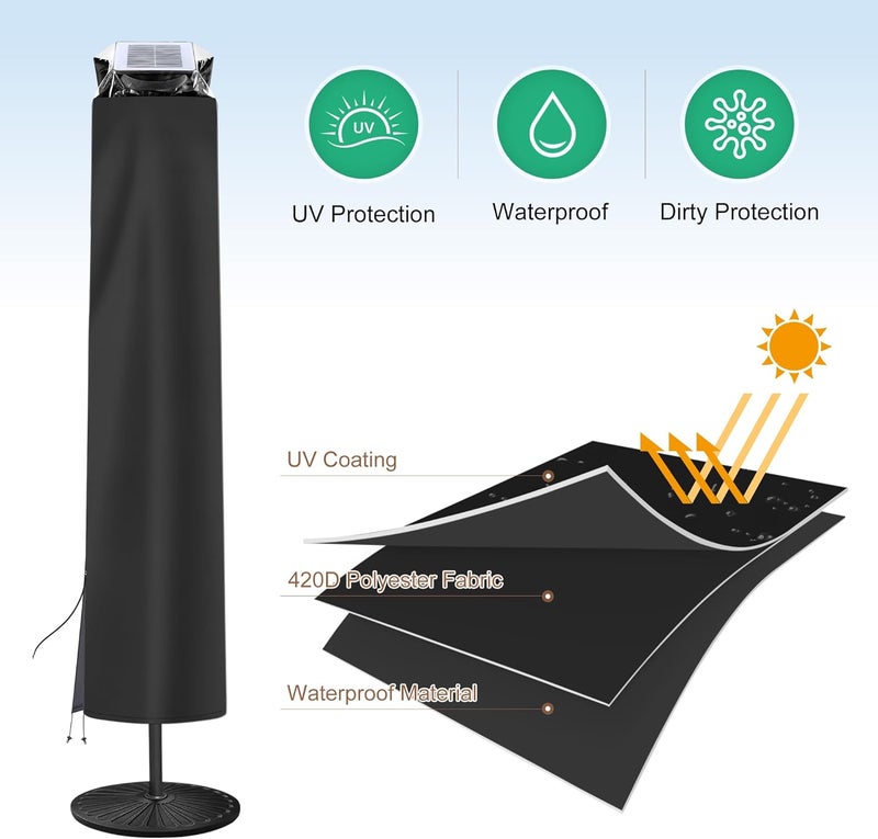 AckMizz Solar Patio Umbrella Cover - Solar Outdoor Umbrella Covers with Folding Rod, Transparent Top Oxford, Parasol Cover For 7.5ft 9ft 10ft 11ft LED Light Table Umbrella(Black) - Image 4